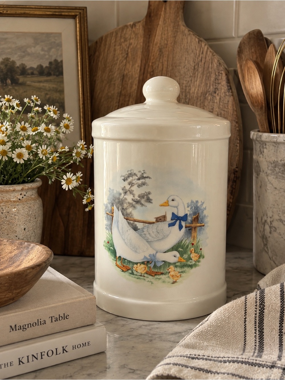Vintage Goose Ceramic Canister Blue Bow Ducklings Cottagecore Country 80s 90s
